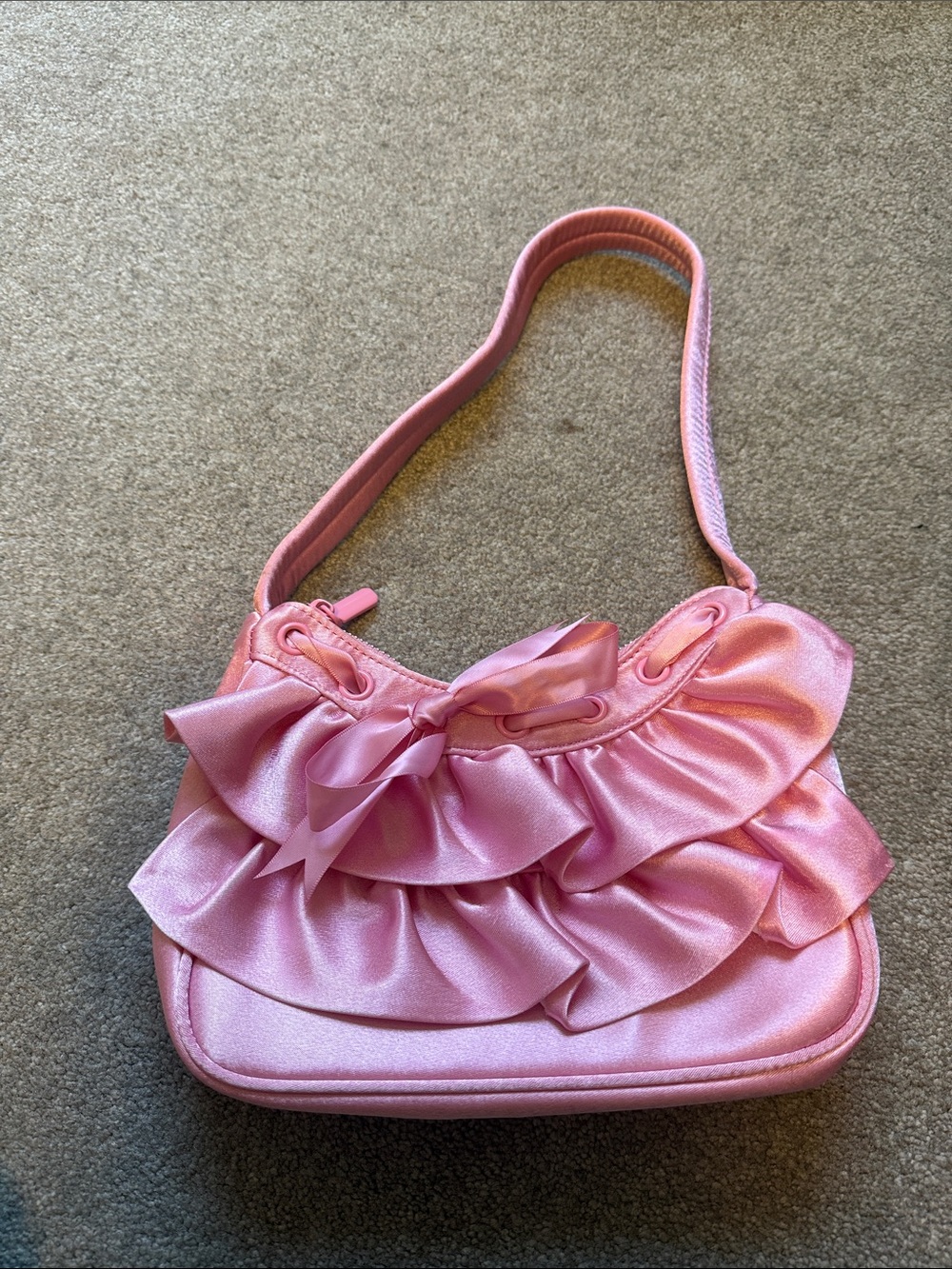 Ruffle pink Satin Shoulder purse with a ribbon bow that you have to tie